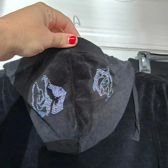 NWT BCBGMaxAzria Velvet Rhinestones Iridescent Roses Hoodie Track Suit 2-Piece - Picture 9 of 13